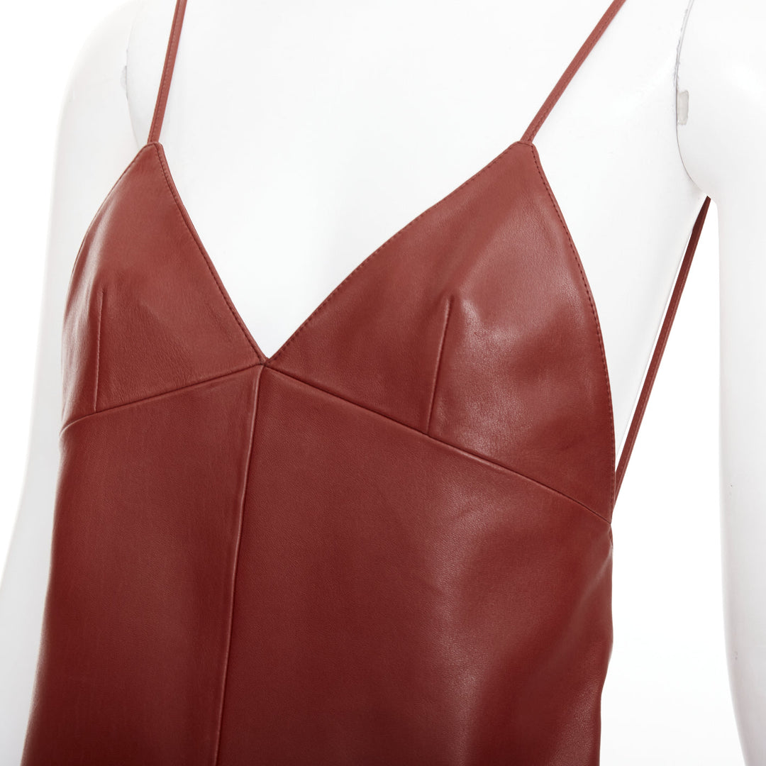 SAINT LAURENT 2024 Goji burgundy lambskin plunge low cut back slip dress FR34 XS