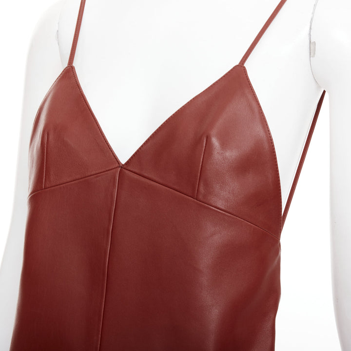 SAINT LAURENT 2024 Goji burgundy lambskin plunge low cut back slip dress FR34 XS