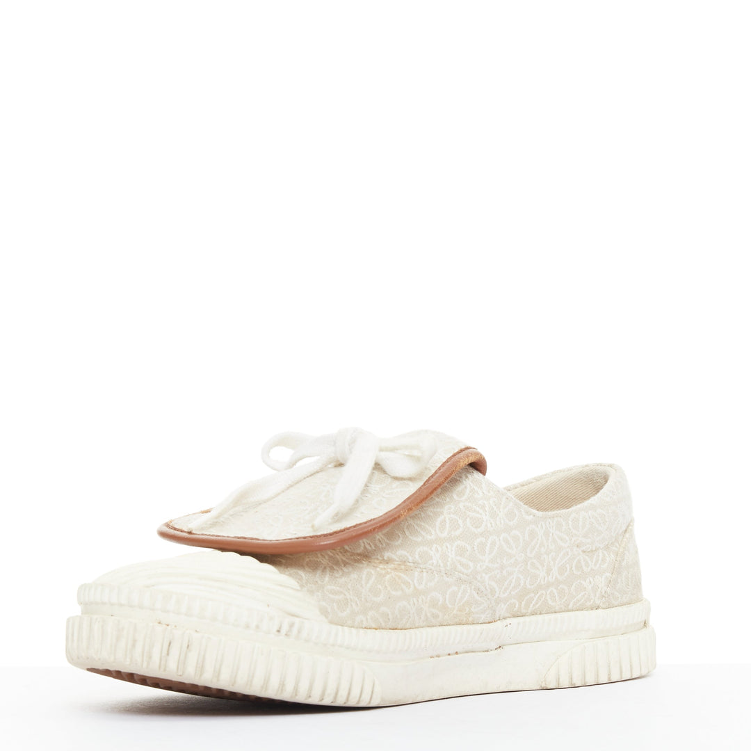 LOEWE Anagram Flap beige white jacquard leather trim sneakers EU37