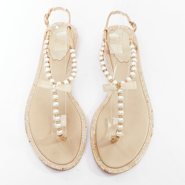 RENE CAOVILLA cream bow faux pearl tstrap strass trim flat sandals EU36