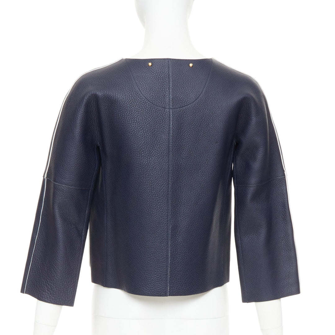 LOUIS VUITTON navy off white textured leather tie front jacket FR36 M