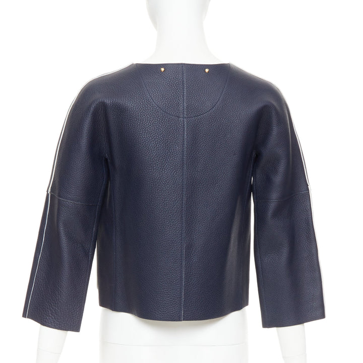 LOUIS VUITTON navy off white textured leather tie front jacket FR36 M