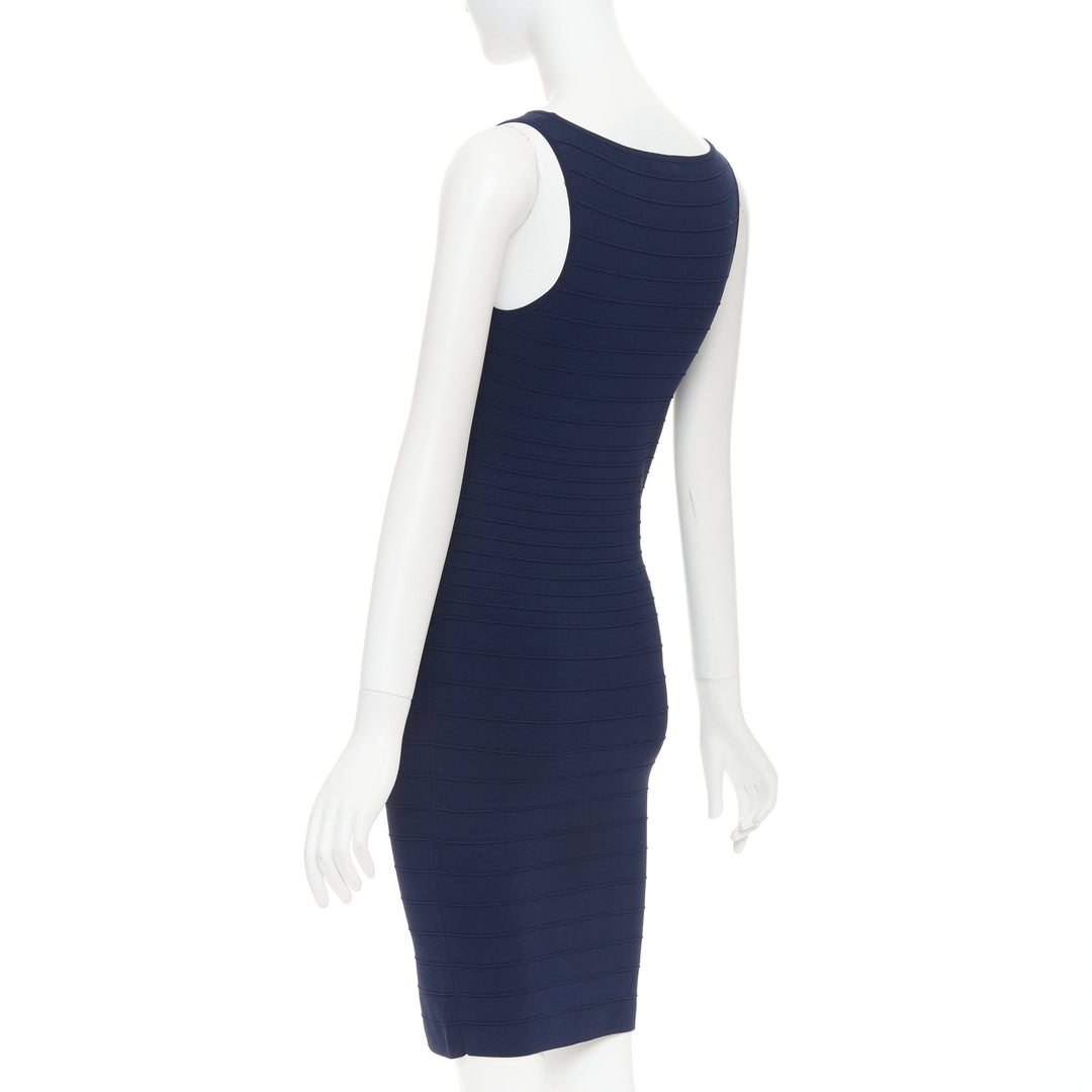 DONNA KARAN navy viscose blend bateau neck bandage bodycon dress S