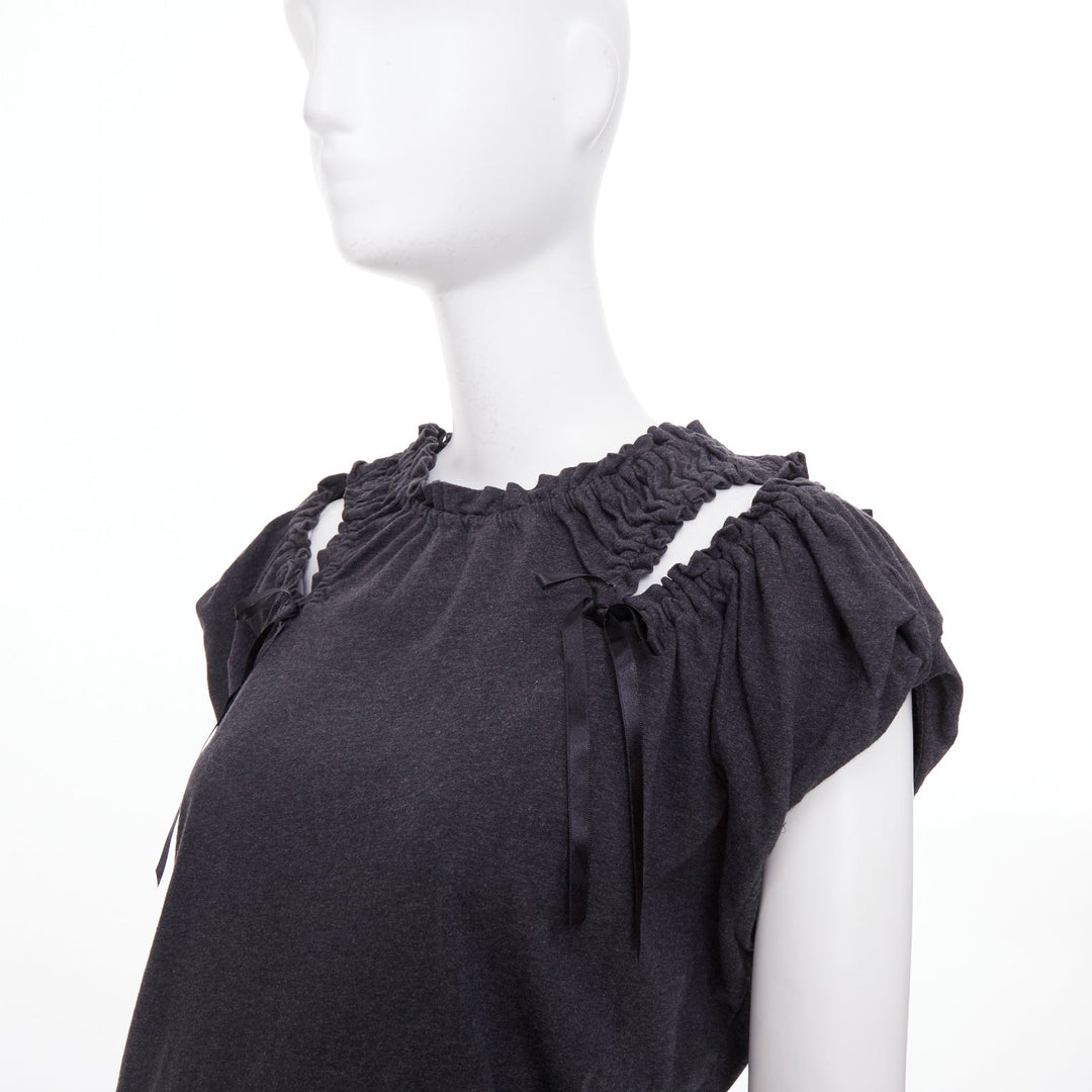 SIMONE ROCHA gray cold shoulder ruched ribbon detail puff sleeve cotton top S