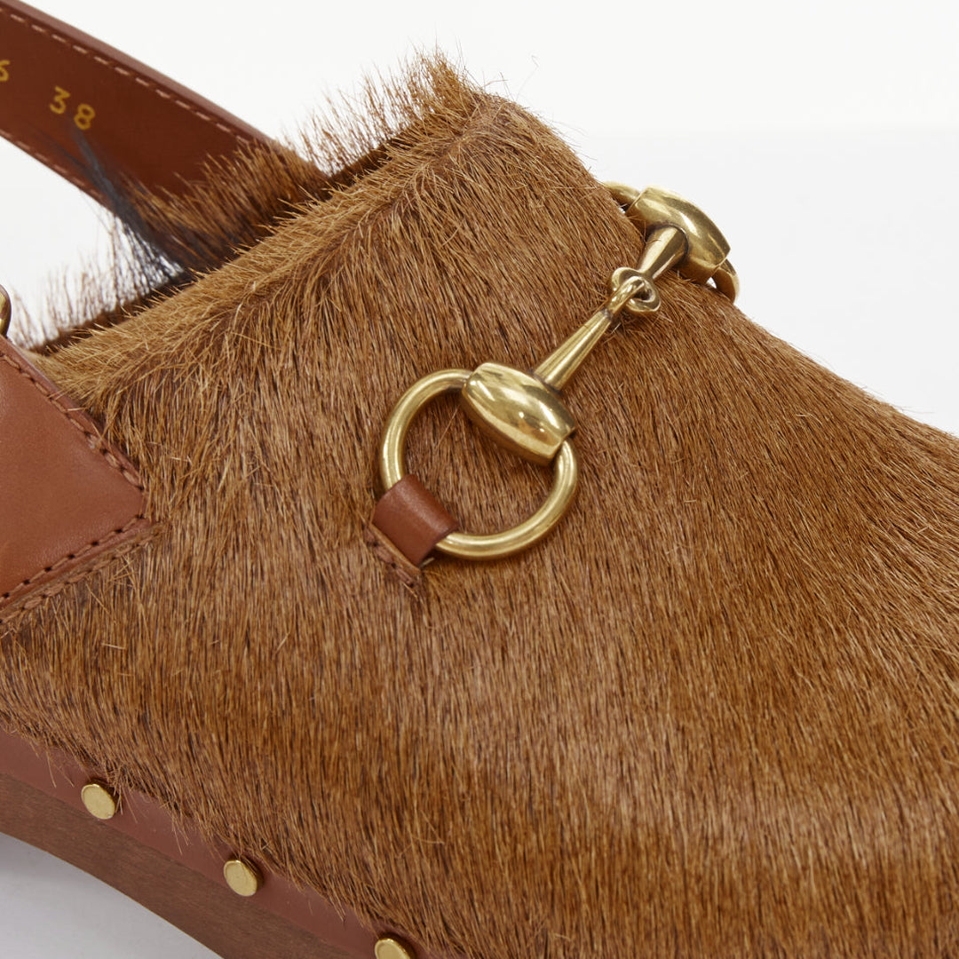 GUCCI 2015 brown calf hair horsebit studded slingback wood clogs EU38