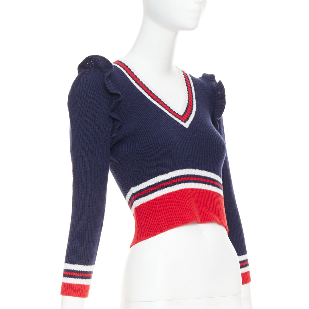 GUCCI 2017 Runway navy red ruffled shoulder cropped V-neck striped sweater XS