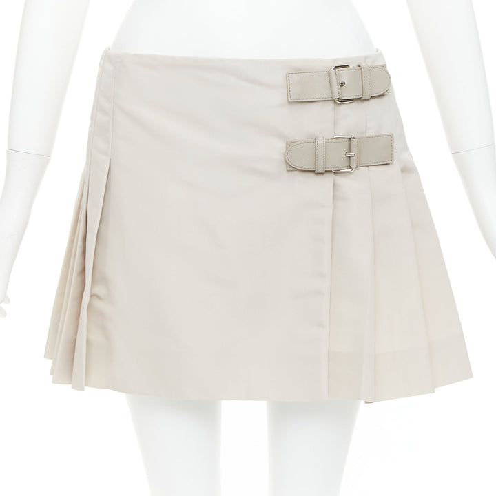 PRADA 2010 Vintage grey silk blend pleated leather buckles mini skirt IT42 M