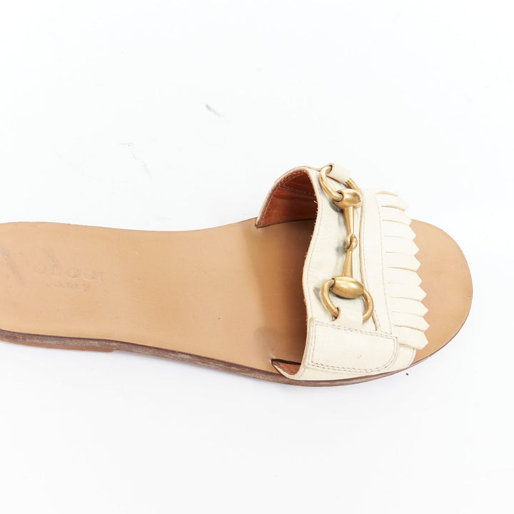 GUCCI Varadero cream gold horsebit fringe flat slipper shoes EU36.5