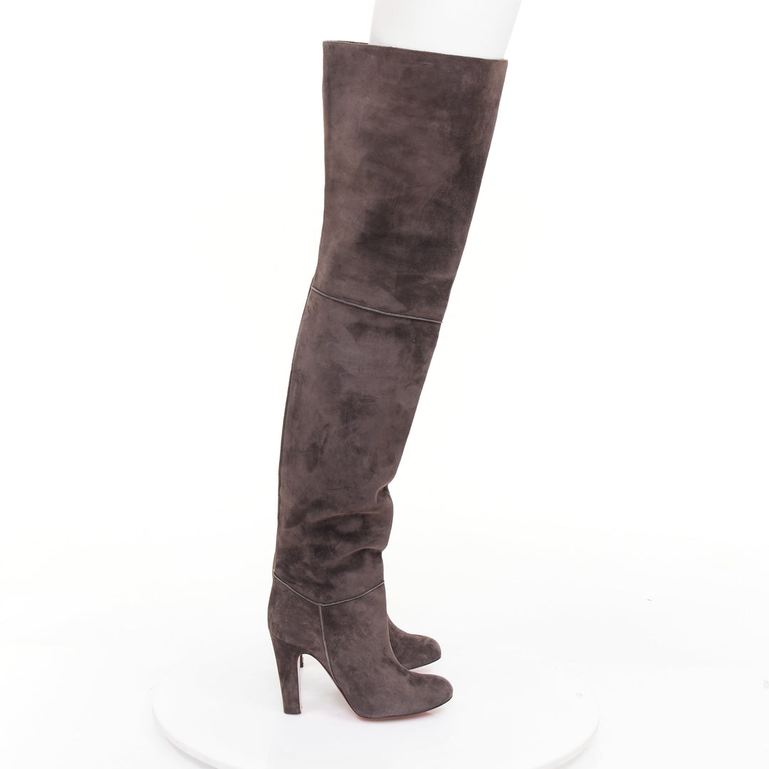 CHRISTIAN LOUBOUTIN charcoal grey suede block heeled thigh high boots EU37.5