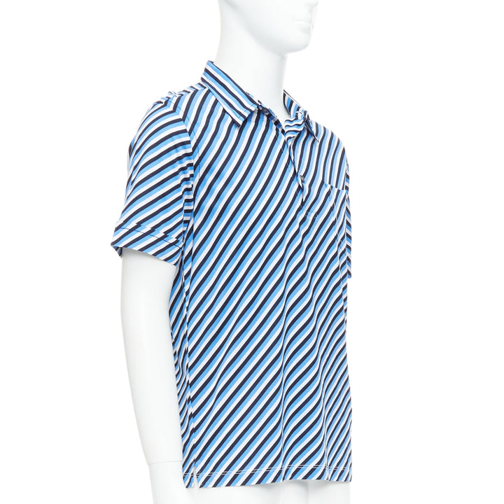 PRADA 2014 blue white black cotton diagonal striped polo shirt L