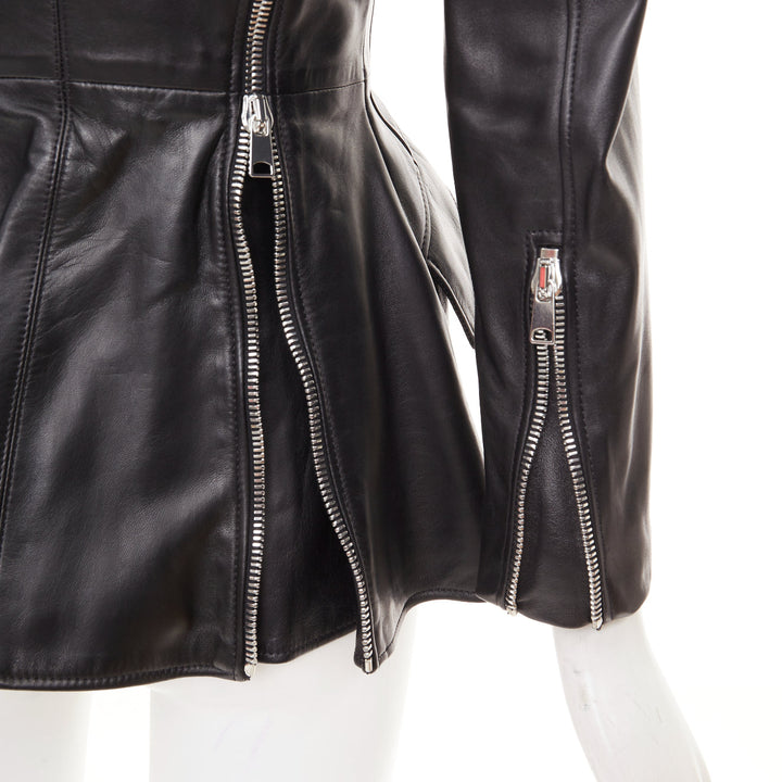 ALEXANDER MCQUEEN 2021 Zip Detail Peplum black lambskin leather blazer IT40 S