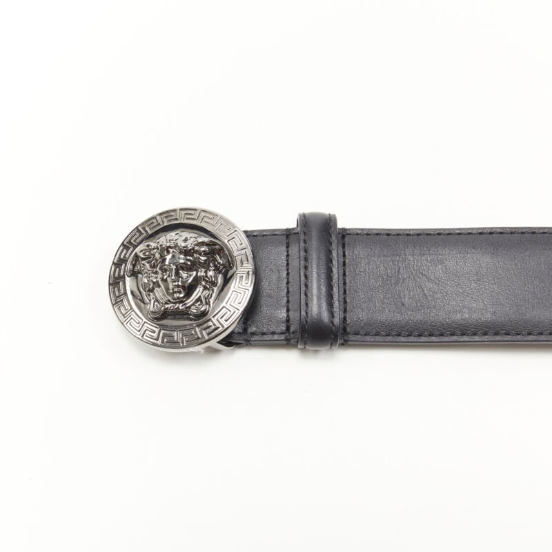 VERSACE Biggie Medusa Medallion Coin silver black leather belt 105cm 40-44"