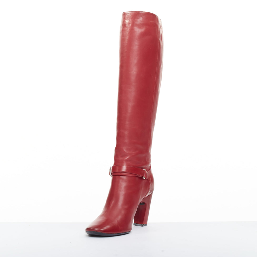 ROGER VIVIER red calfskin leather silver square buckles block heel boots EU37.5