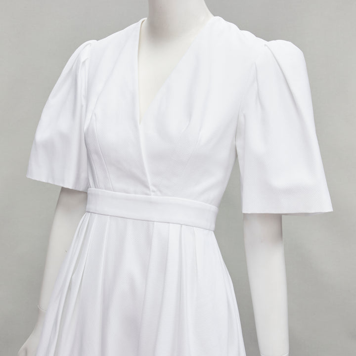 ALEXANDER MCQUEEN white structural bell sleeve V neck midi dress IT38 XS