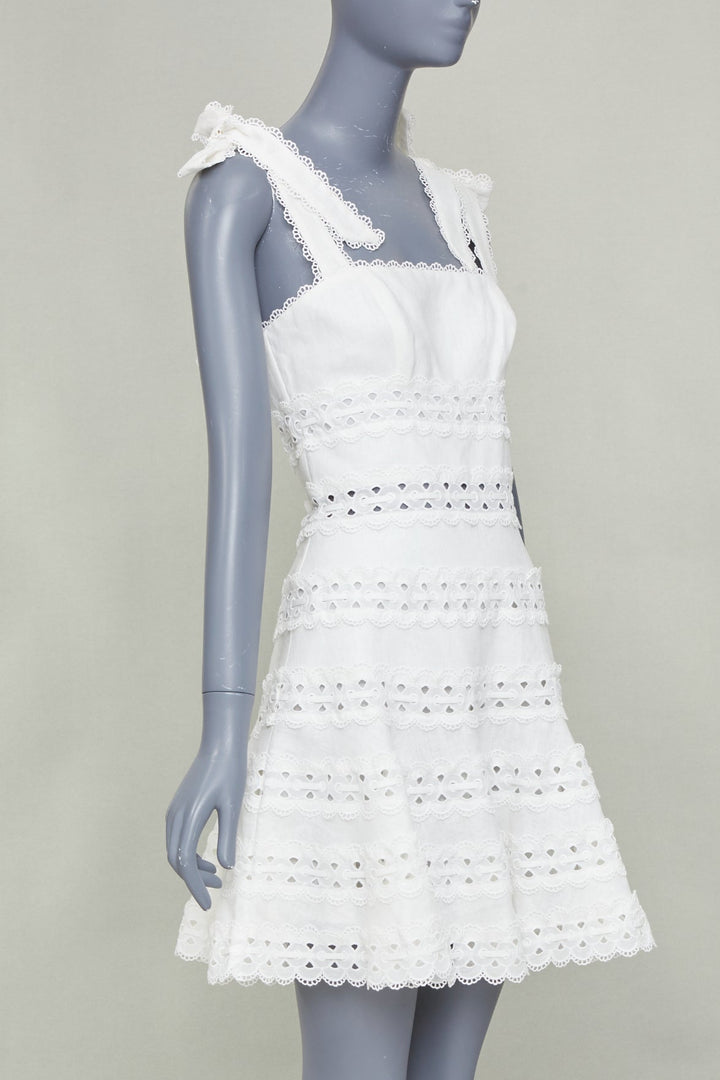ZIMMERMANN 2020 Kirra Tie Shoulder white linen eyelet lace mini dress Sz1 S