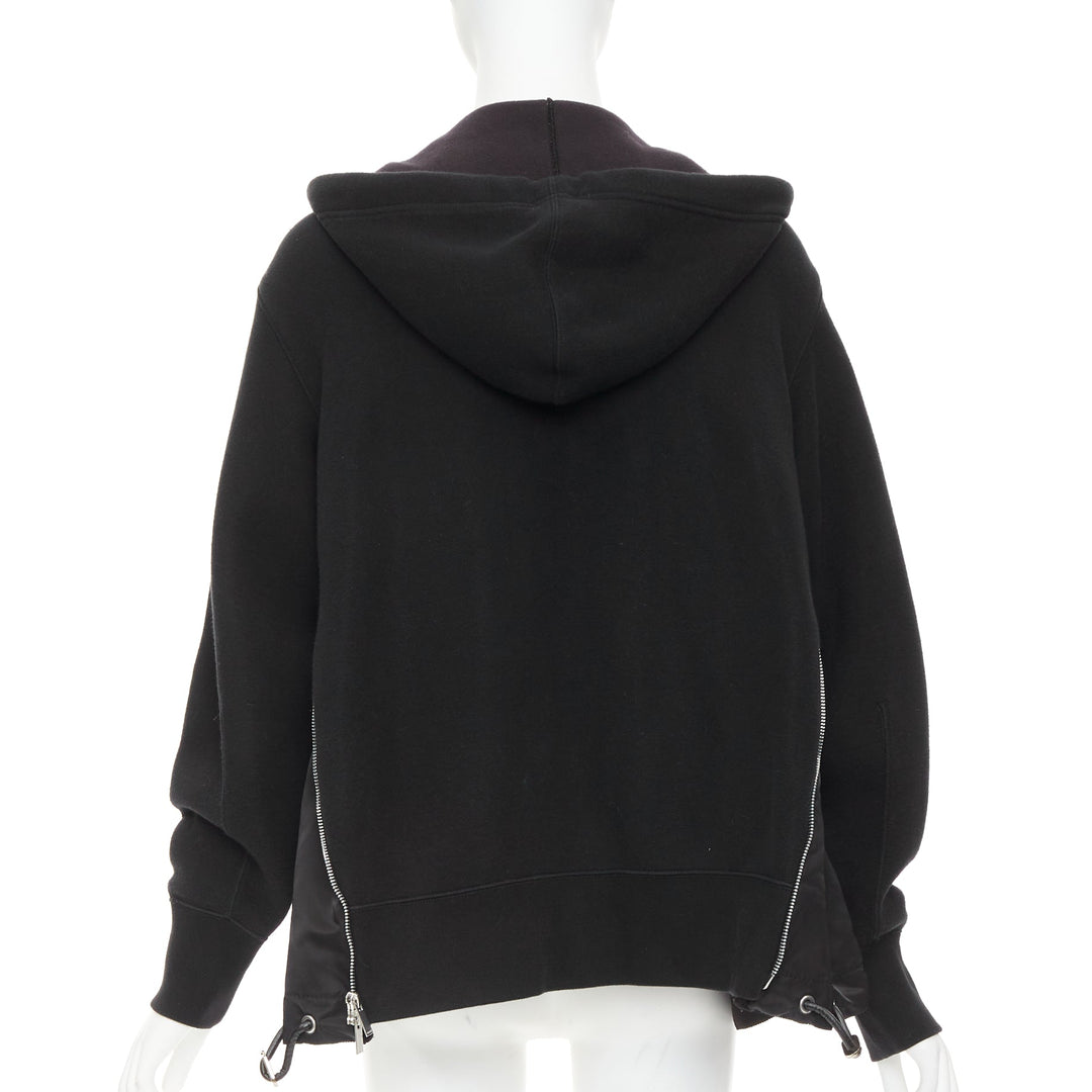 SACAI 2019 black cotton blend nylon side zip deconstructed hybrid hoodie JP2 M