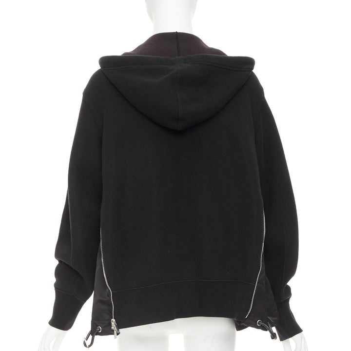 SACAI 2019 black cotton blend nylon side zip deconstructed hybrid hoodie JP2 M