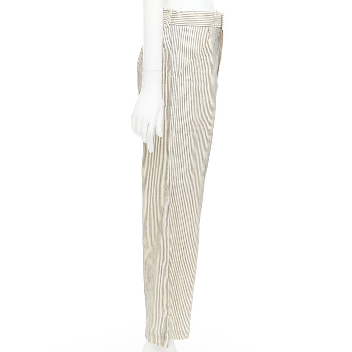 CHRISTIAN DIOR beige navy silk cotton striped cropped wide pants FR36 S