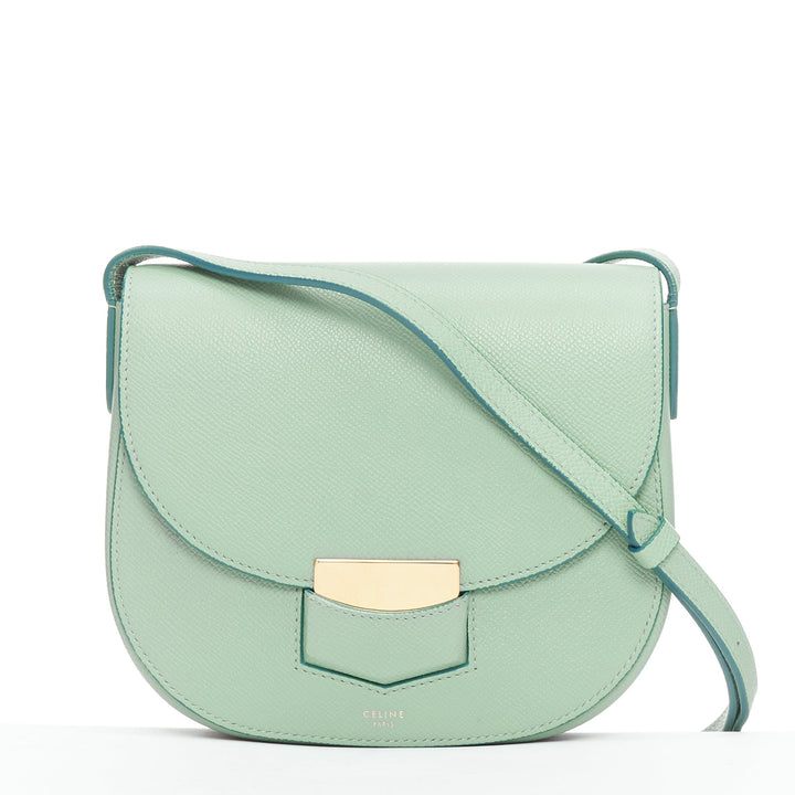 CELINE Trotteur mint green grained leather gold hardware small crossbody bag