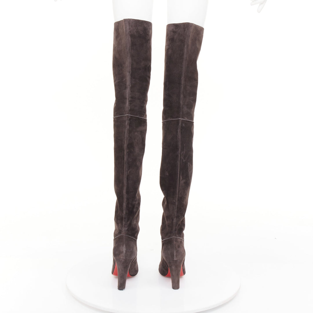 CHRISTIAN LOUBOUTIN charcoal grey suede block heeled thigh high boots EU37.5