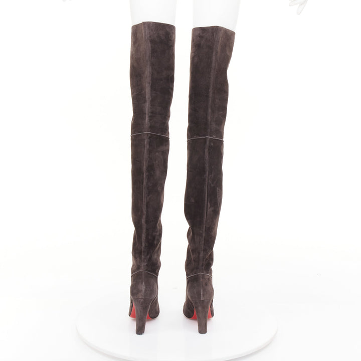 CHRISTIAN LOUBOUTIN charcoal grey suede block heeled thigh high boots EU37.5