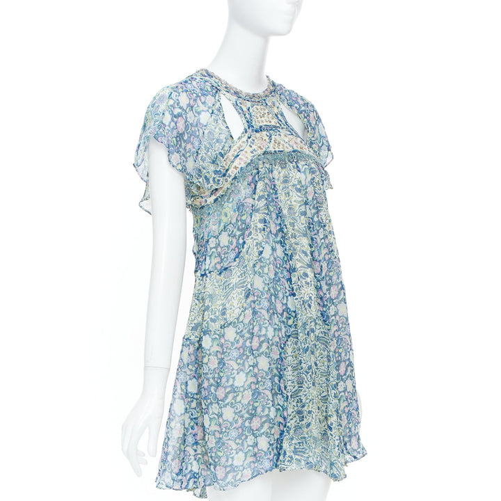 ISABEL MARANT 2023 Runway Odile cutout bead floral print silk dress FR36 S