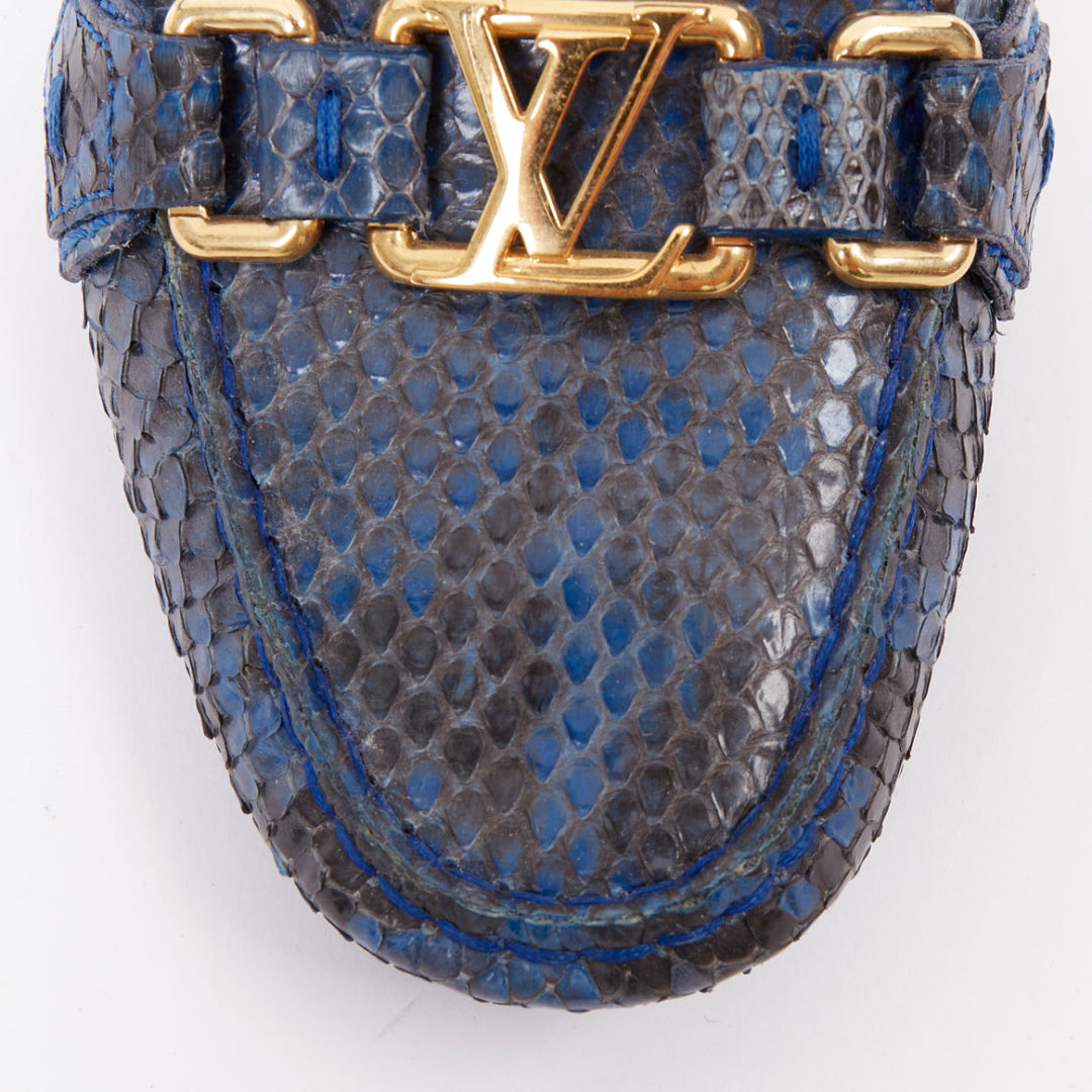 LOUIS VUITTON Dauphine blue polished snake leather gold LV logo loafers EU37
