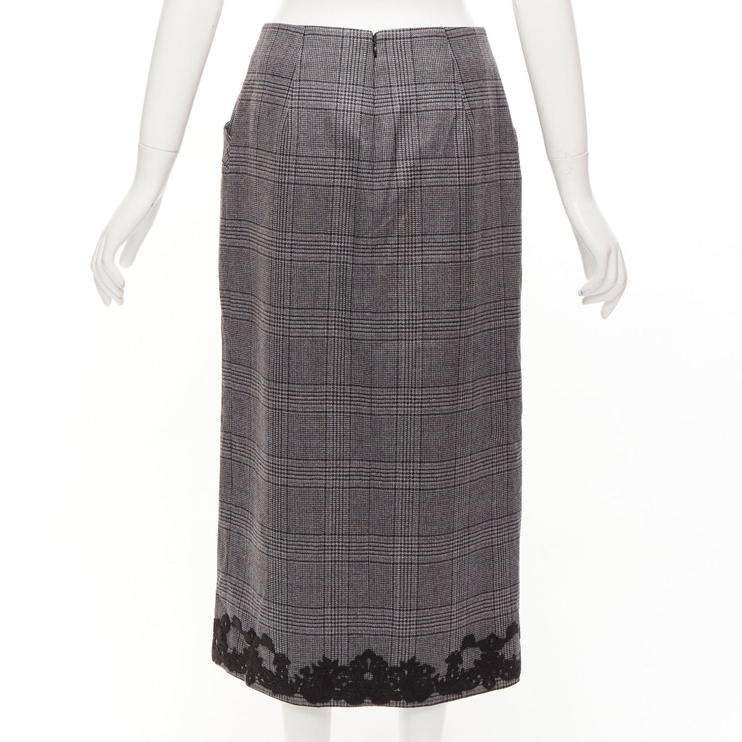 JONATHAN SIMKHAI grey wool houndstooth lace applique slit pencil skirt US4 S