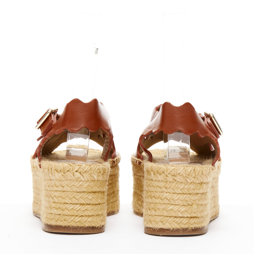 CHLOE dark brown scalloped edge gold buckle jute espadrille platform sandal EU36