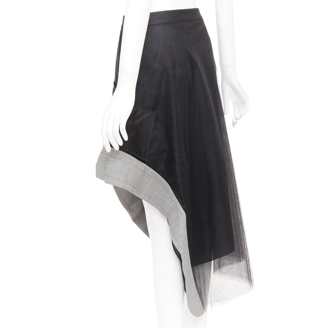 MONSE black nylon tulle wool glen plaid deconstructed asymmetric skirt US0 XS