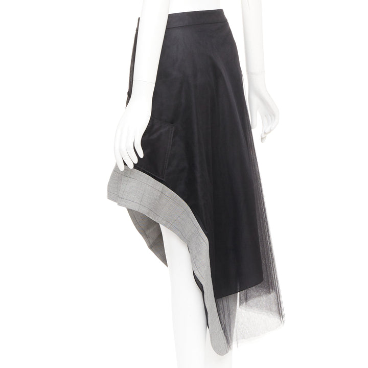 MONSE black nylon tulle wool glen plaid deconstructed asymmetric skirt US0 XS