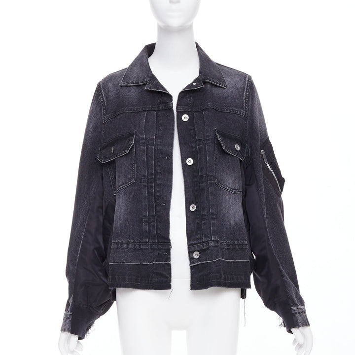 SACAI 2019 grey washed cotton blend denim black nylon hybrid jacket JP2 M
