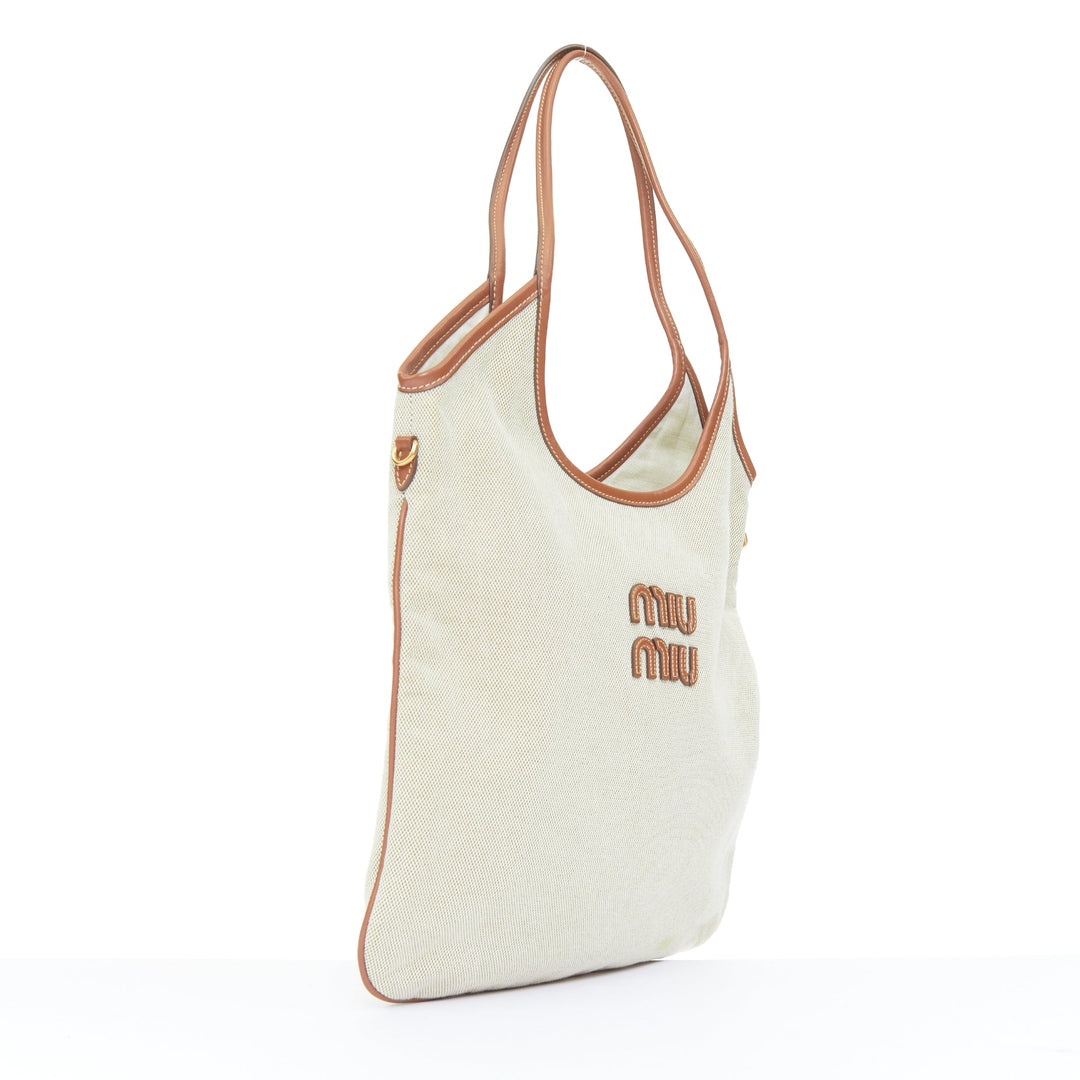 MIU MIU 2023 Ivy beige canvas brandy brown leather trim shoulder tote bag