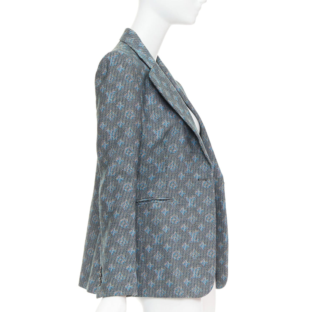 LOUIS VUITTON 2023 blue monogram wool jacquard single breasted blazer FR38 M