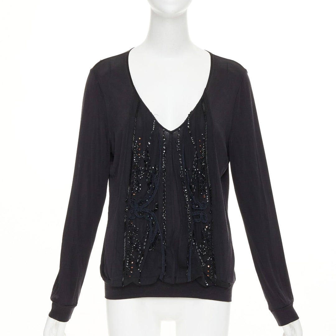 CHRISTIAN LACROIX Vintage 2004 sheer beaded butterfly v neck long sleeve top XL