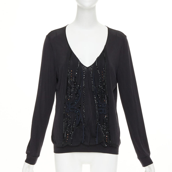 CHRISTIAN LACROIX Vintage 2004 sheer beaded butterfly v neck long sleeve top XL