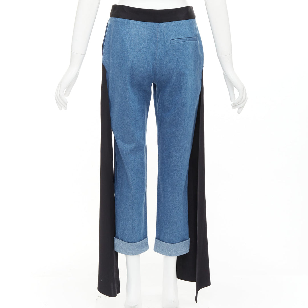 HELLESSY Jagger blue denim black silk panels deconstructed cropped pants US2 S