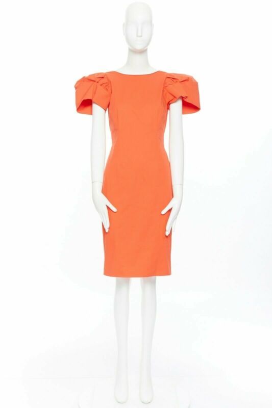 DSQUARED2 red orange ruche drape dart puff sleeve big shoulders dress IT44 L