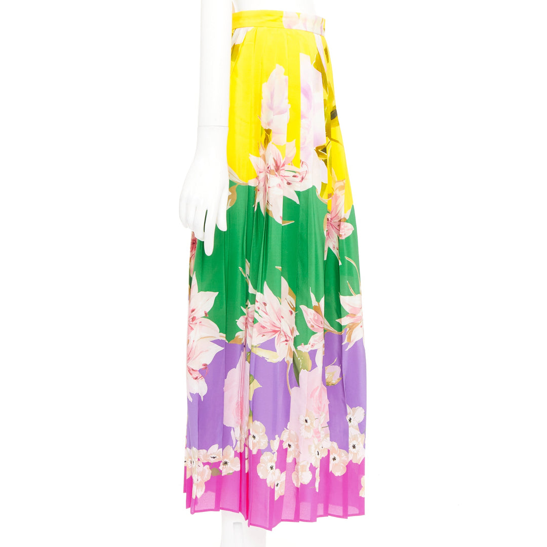VALENTINO Flying Flowers silk colorblock pleated floral print midi skirt IT38 XS