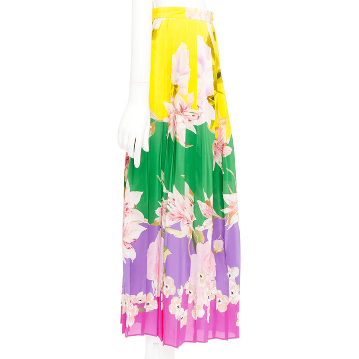 VALENTINO Flying Flowers silk colorblock pleated floral print midi skirt IT38 XS