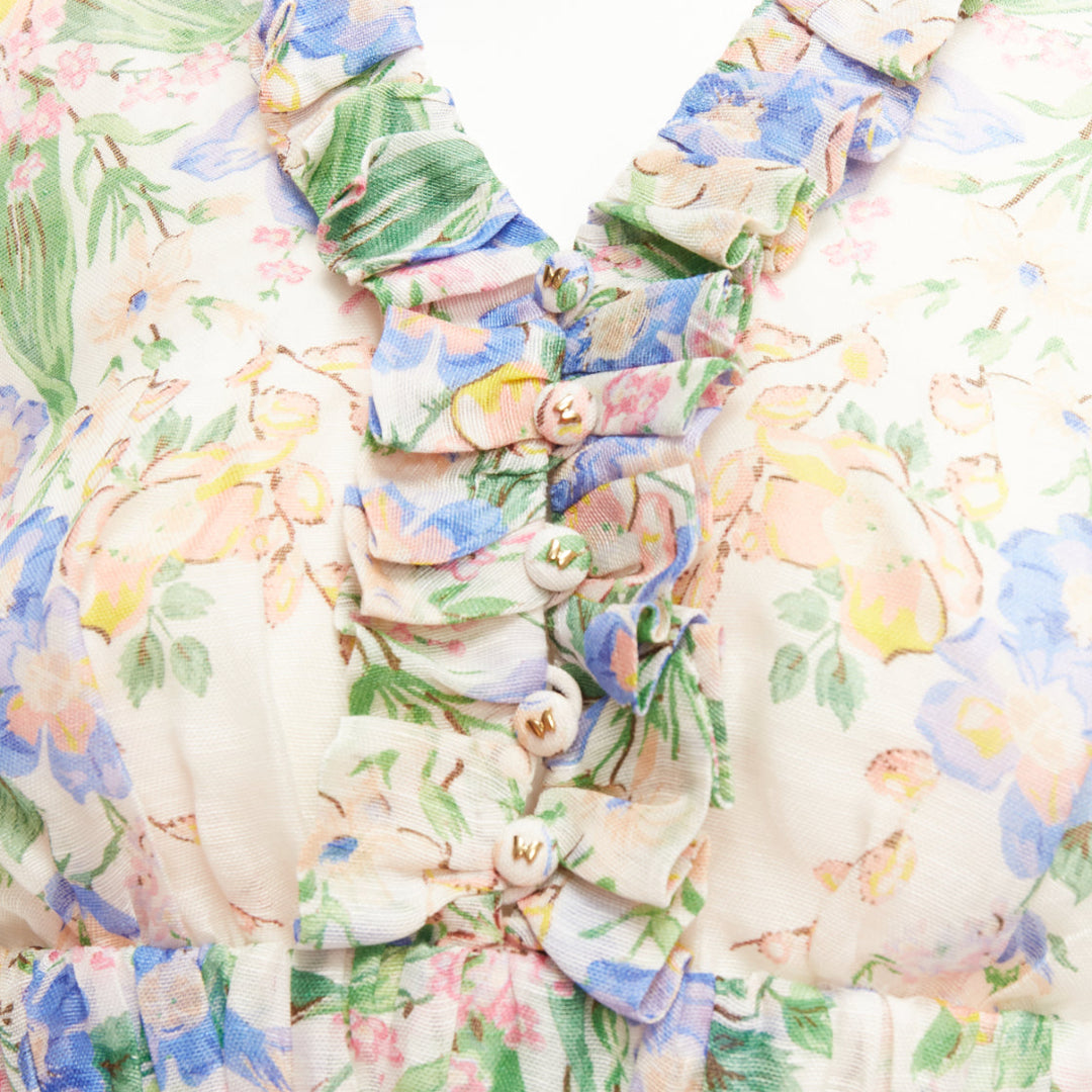 ZIMMERMANN Garden Floral blush pink silk linen blue floral billow dress AU1 M
