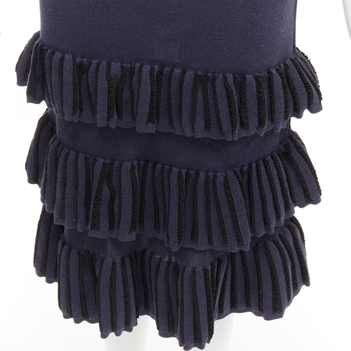 AZZEDINE ALAIA Vintage 1980's navy knitted tiered ruffles plunge neck dress