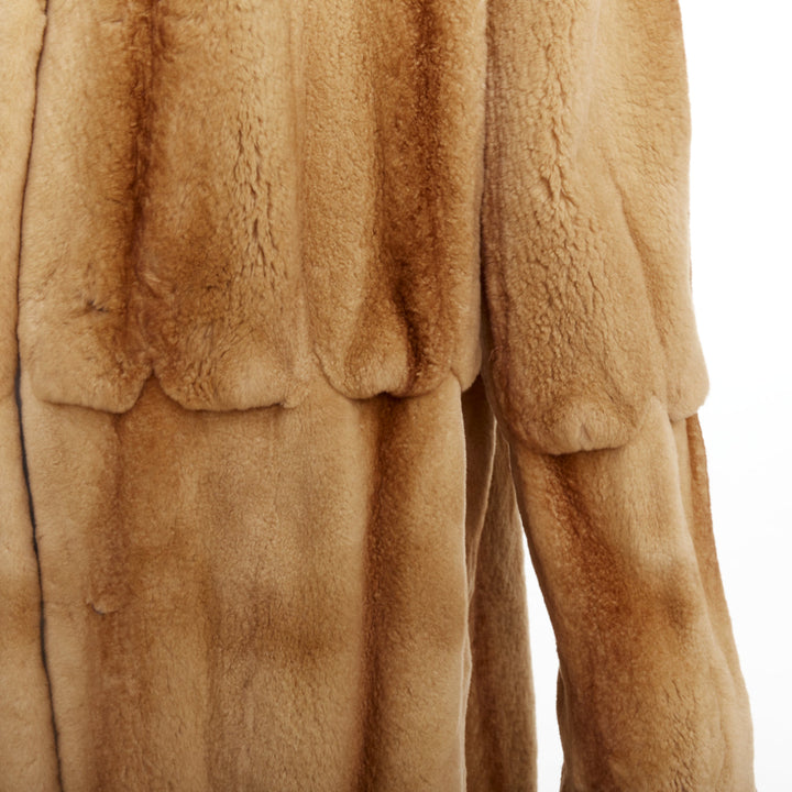 NO BRAND tan brown fur rounded shawl collar statement button long coat