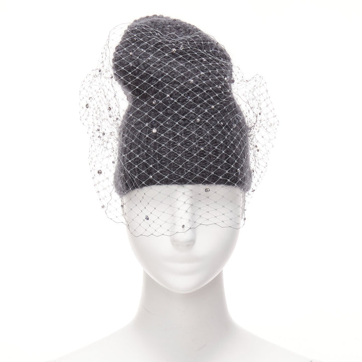 JENNIFER BEHR grey charcoal crystal beads veil round top beanie hat