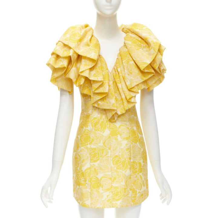 ACLER yellow floral print ruffle sweetheart neckline sheath dress US2 XS