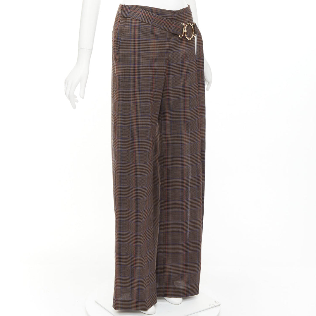 MONSE brown virgin wool checkered long gold belt wide leg pants US2 S