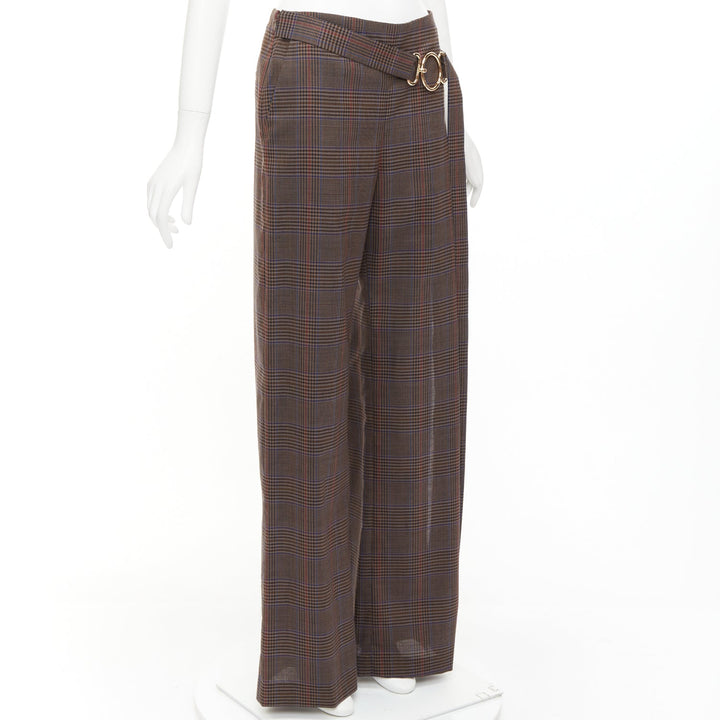 MONSE brown virgin wool checkered long gold belt wide leg pants US2 S