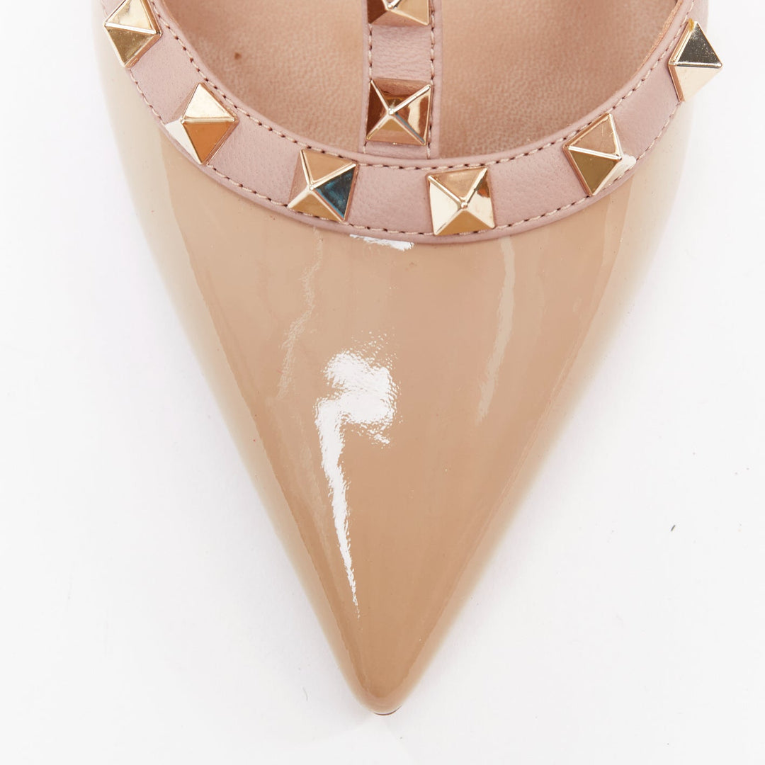 VALENTINO Rockstud 100 nude patent gold studded caged stiletto heels EU38