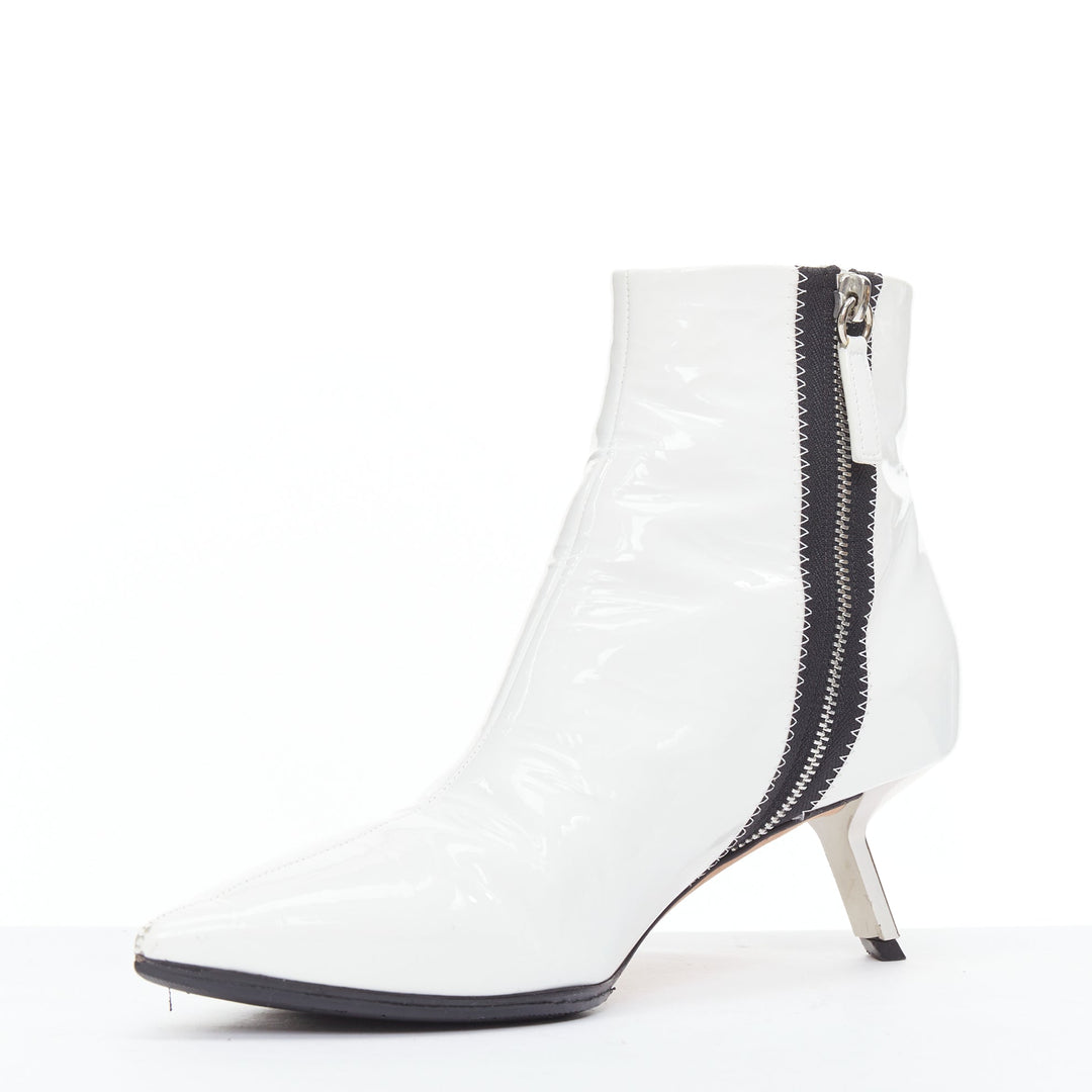 ALCHIMIA DI BALLIN side striped white patent leather silver kitten booties EU38.5