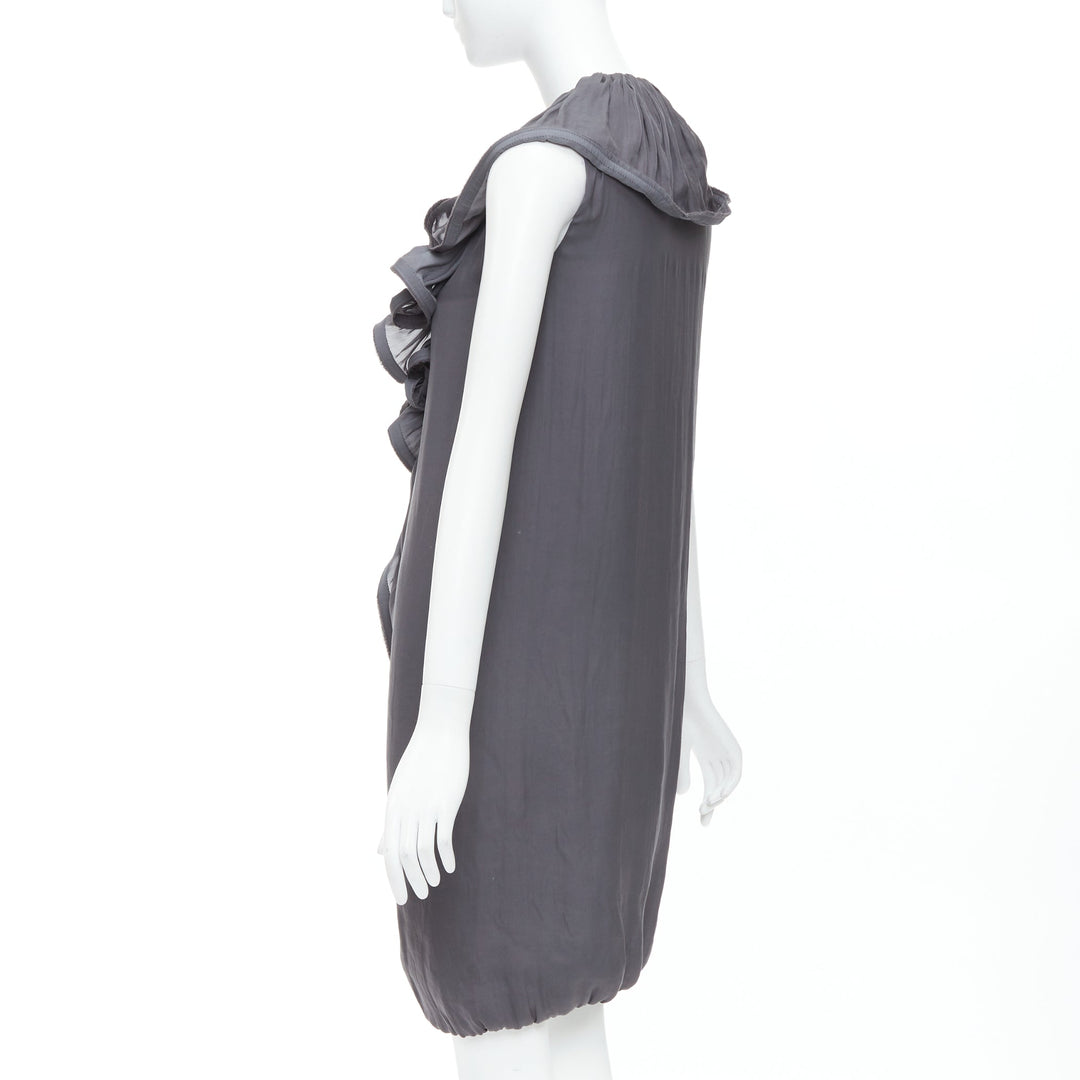 LANVIN 2008 grey silky trimmed ruffle collar V neck knee dress FR34 XS